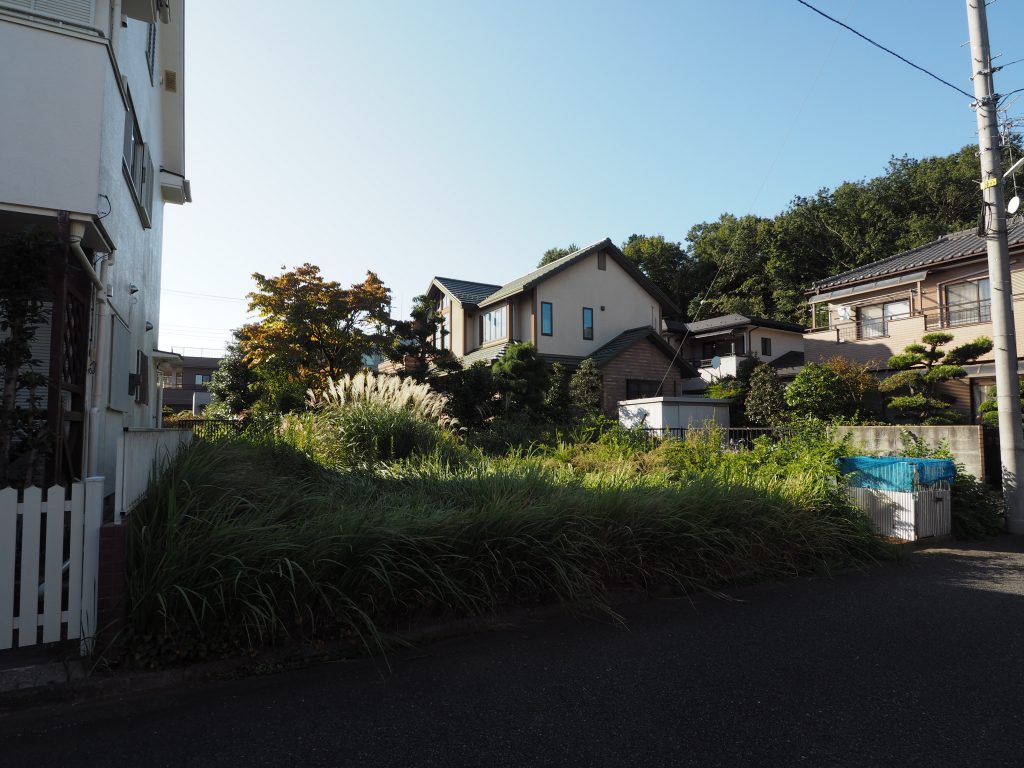所沢市小手指新築工事の工事着工前の画像、敷地内には草が生い茂っています