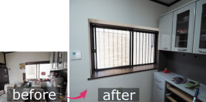 リフォーム現場のビフォーアフター画像、左側が施工前のダイニングキッチンの窓、右側施工後は出窓を作りました