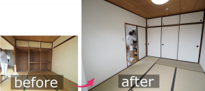 入間市内マンションのビフォーアフター画像、写真右側は和室の畳表替えとクロスの貼り替えを行いました。