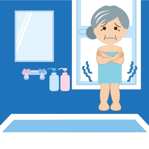 お風呂場が寒くてブルブルと震えているおばあさんのイラスト画像です。浴槽、鏡、シャンプーなどが写っています。