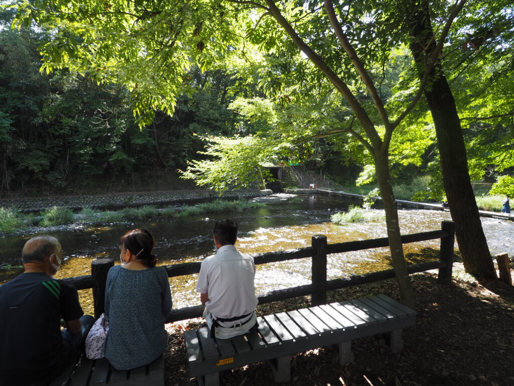 埼玉県日高市巾着田曼殊沙華公園から見える高麗川とベンチに人が3人写っています。