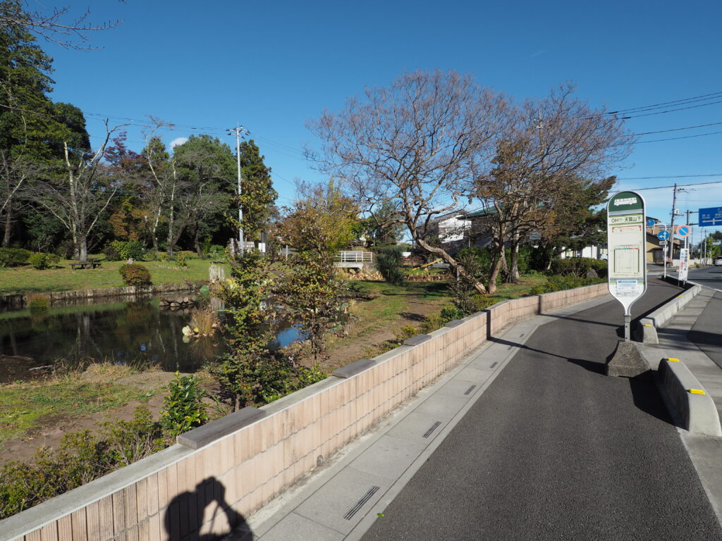 埼玉県飯能市の天覧山登山口付近の写真です。池とバス停と木々にブロック塀が写っています。